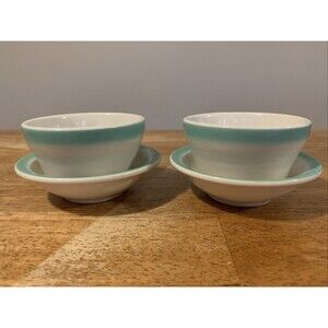 Walker China Bedford Ohio Vitrified Wide Green Rim Snack Plate Bowl Set 11-40/44